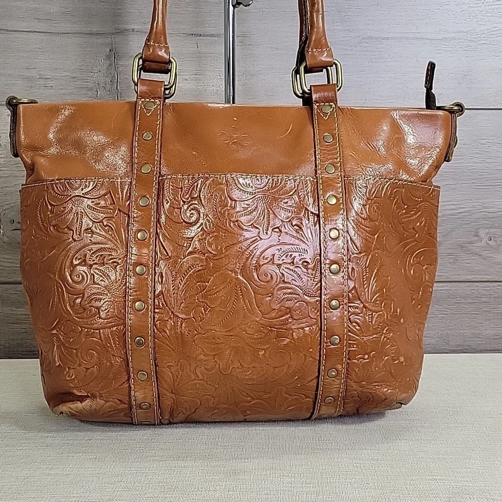 Patricia Nash Talloria Tooled Brown Leather Tote Shoulder Bag Handbag Purse